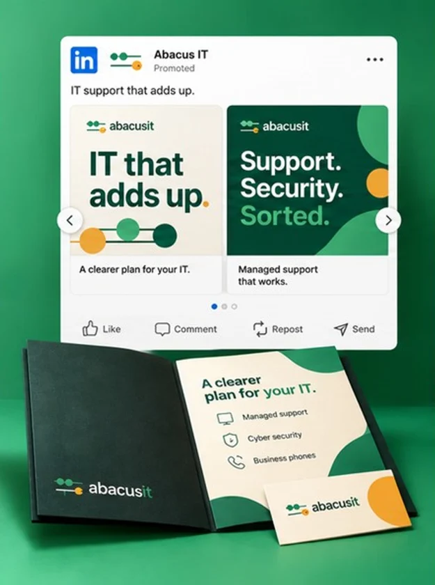 Example LinkedIn carousel, presentation folder and business card for Abacus IT
