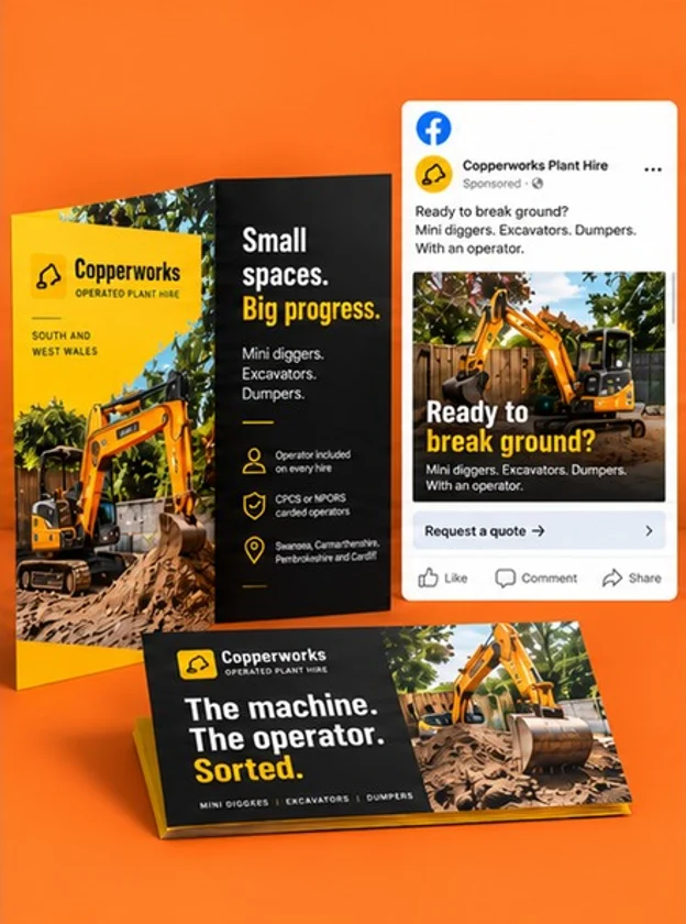 Example Facebook ad, folded brochure and leaflet for Copperworks Plant Hire