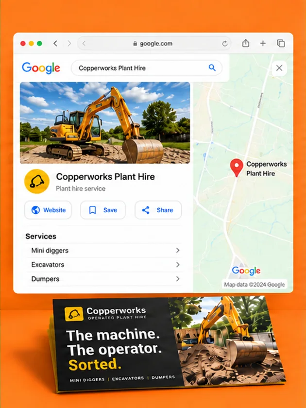 Example Google search results and leaflet for Copperworks Plant Hire
