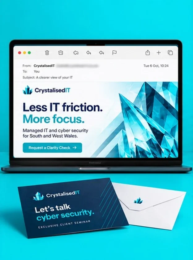 Example email on a laptop and printed seminar invitation for Crystalised IT