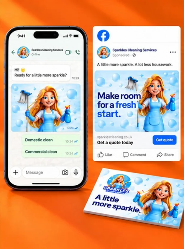 Example WhatsApp chat, Facebook ad and leaflet for Sparkles Cleaning Services