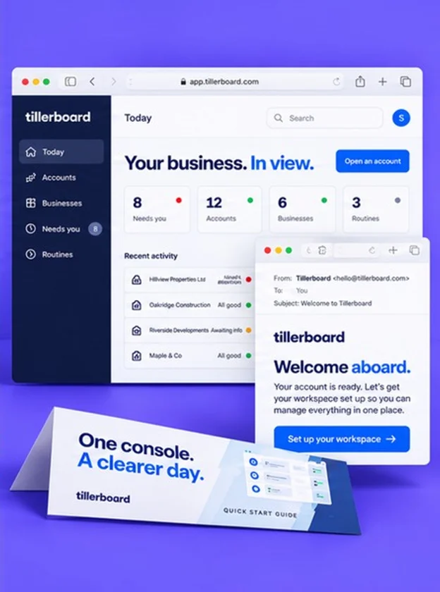 Example web app, welcome screen and printed quick start guide for Tillerboard