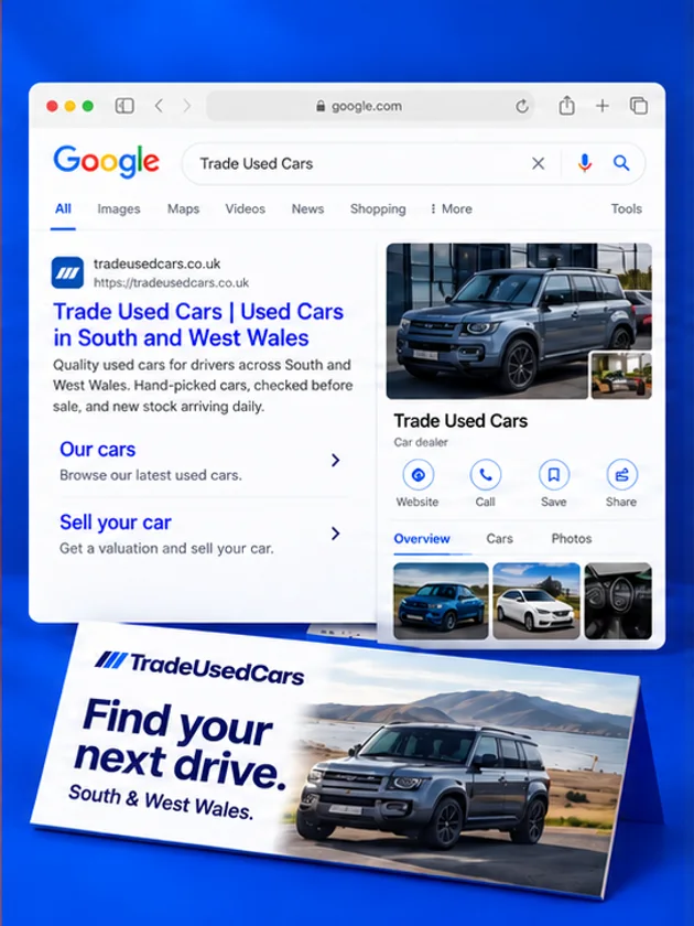Example Google search results and brochure for Trade Used Cars