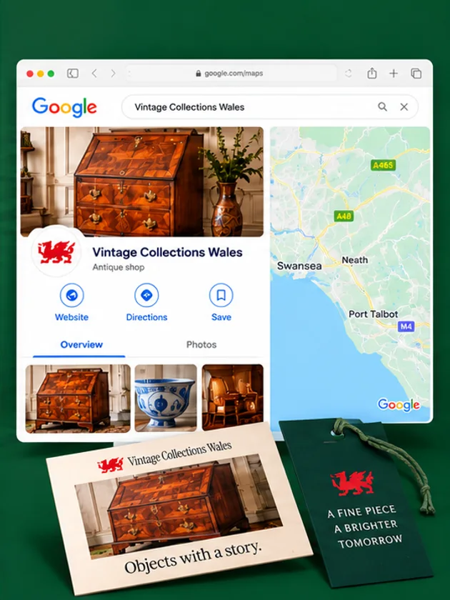 Example Google Maps listing and printed mailer for Vintage Collections Wales