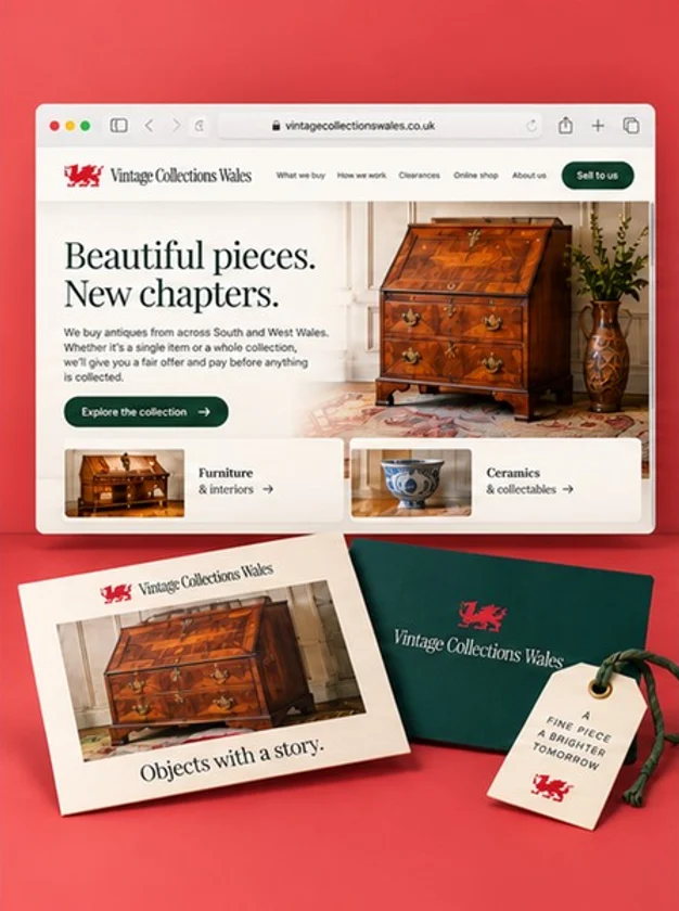 Example website, mailer and swing tag for Vintage Collections Wales