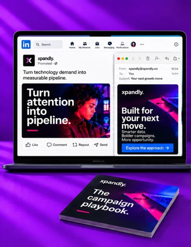 Example LinkedIn ad and email for xpandly on a laptop, with a printed campaign playbook